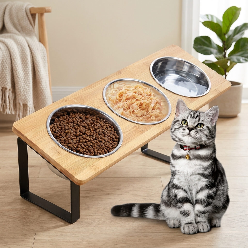 Tabby cat beside an elevated bamboo feeder