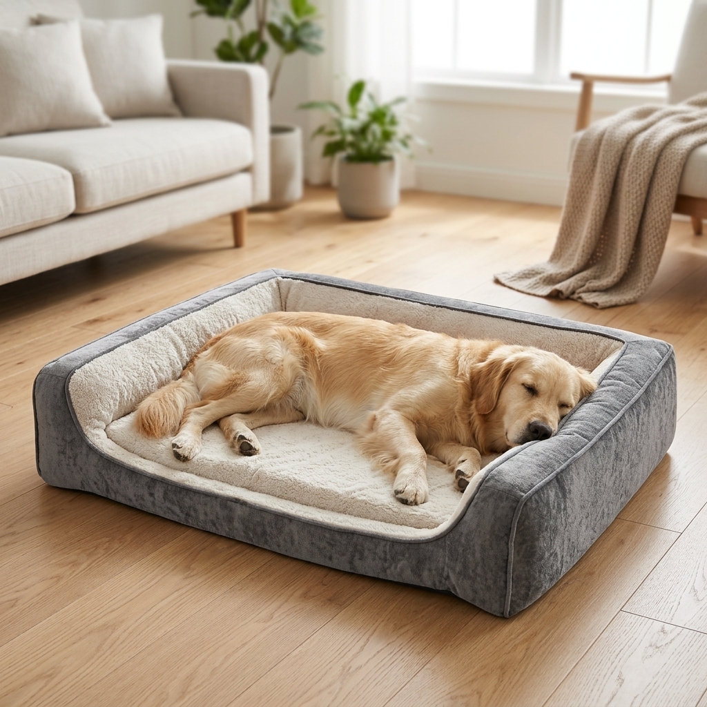 Golden retriever sleeping on an orthopedic memory foam bed