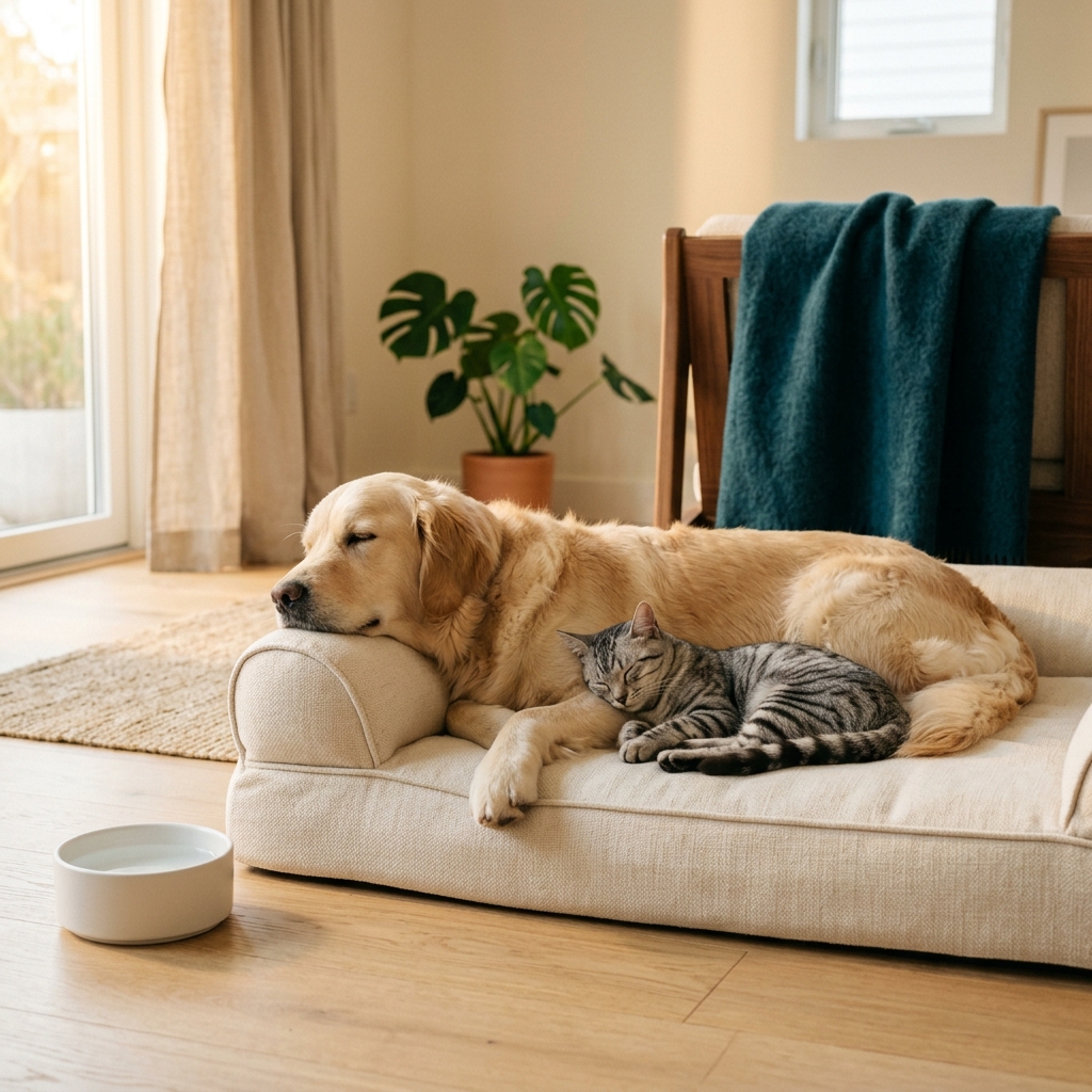 Golden retriever and tabby cat resting together on a premium NALUPAWS bed